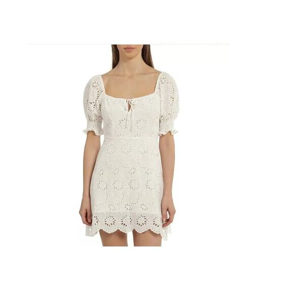 7 FOR ALL MANKIND EYELET PUFF SLEEVES WHITE SUMMER MINI DRESS SIZE LG - Picture 1 of 8